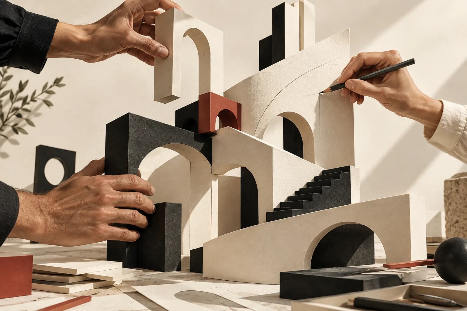 Illustrazione di mani che costruiscono insieme una struttura di moduli, archi e collegamenti