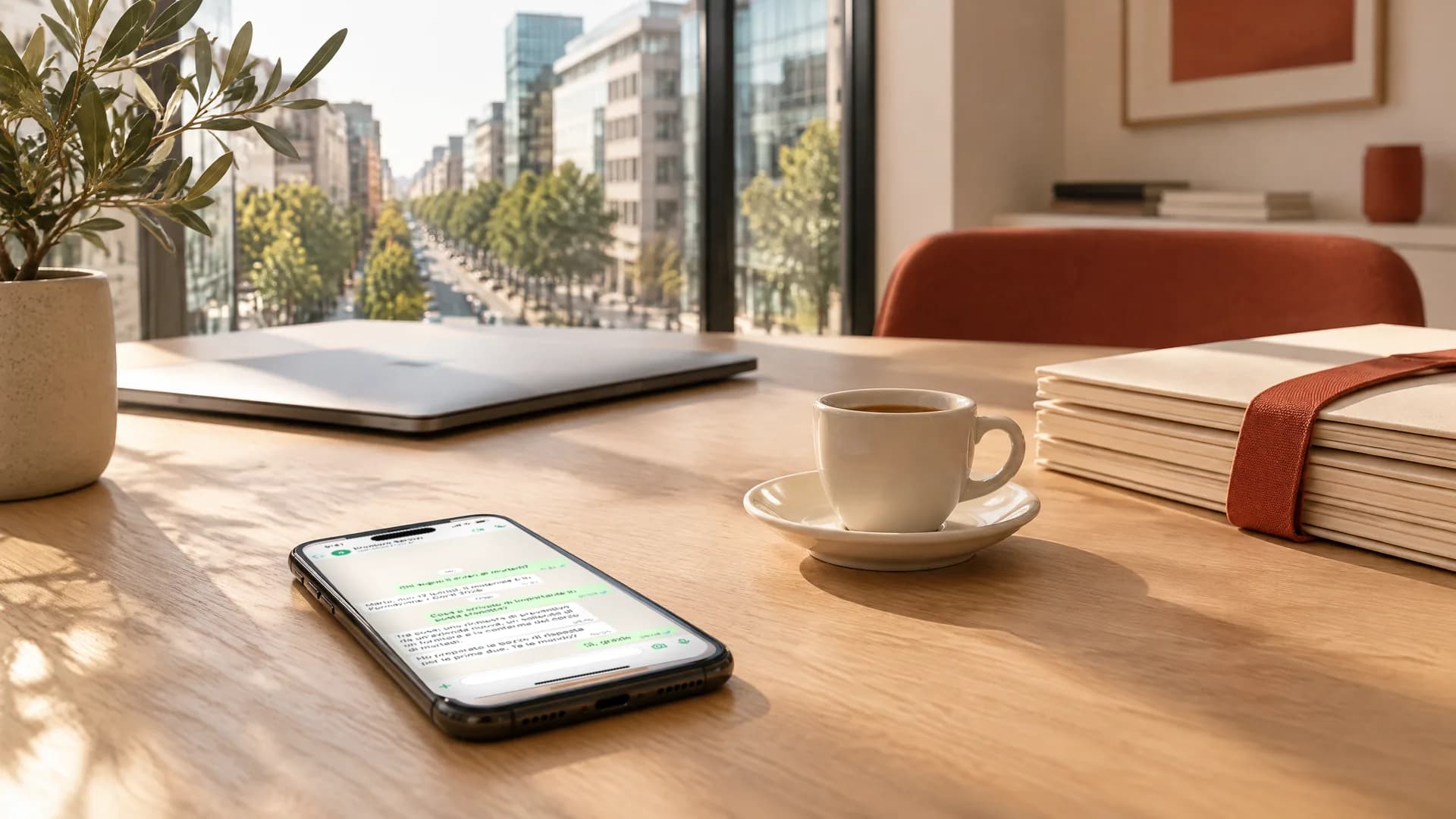 Scrivania in legno chiaro alla luce del mattino con uno smartphone aperto su una chat, una tazza di caffè, un portatile chiuso e delle cartelle; dalla finestra si vede un viale alberato.