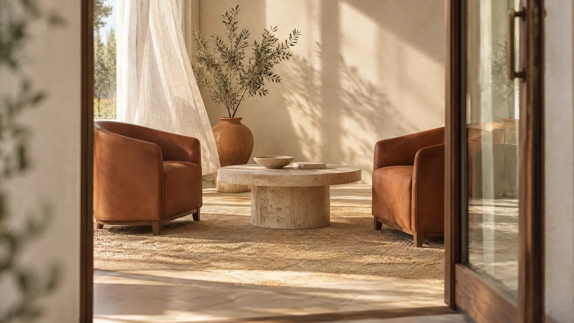 Due poltroncine in pelle cuoio una di fronte all'altra attorno a un tavolino rotondo di travertino, viste da una porta a vetri aperta; luce del mattino, una tenda di lino e un ulivo in un vaso di terracotta.