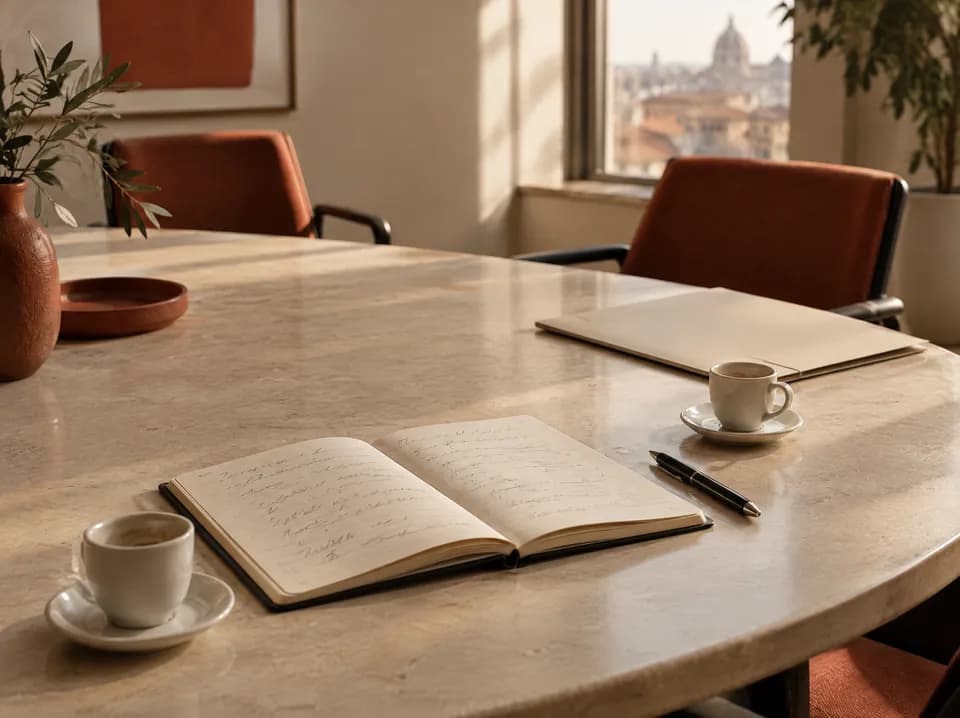 Tavolo riunioni di marmo con un taccuino aperto pieno di appunti a mano, due tazzine di caffè e una cartellina chiusa; le sedie sono vuote.