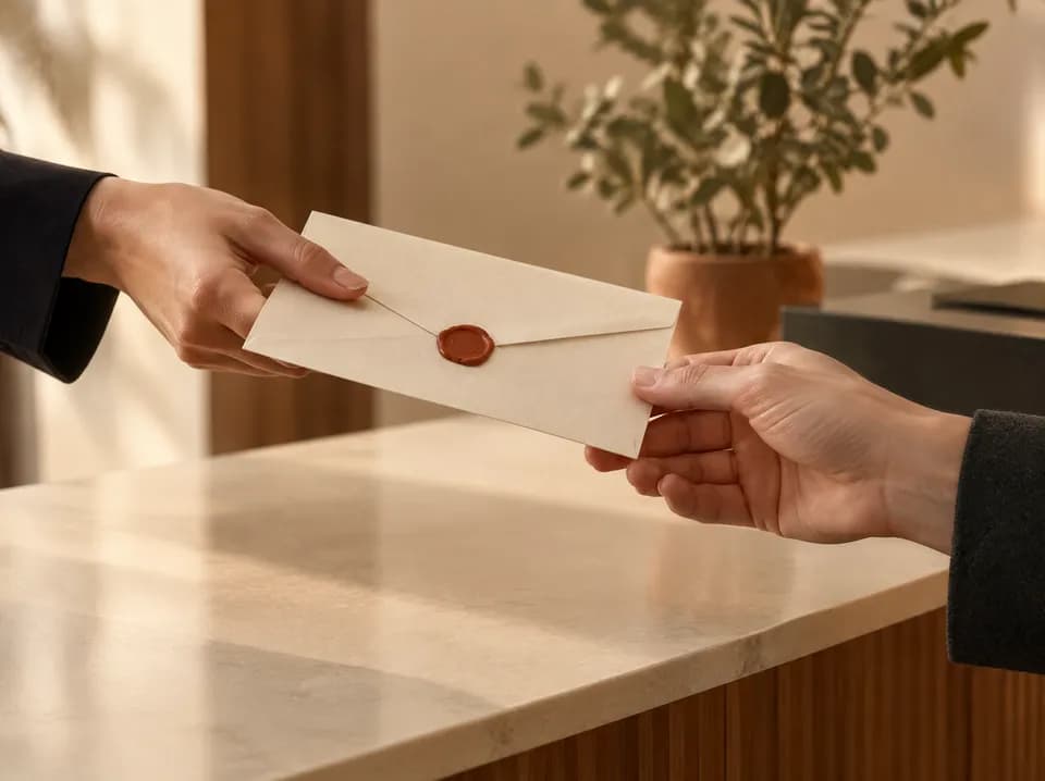 Due mani si passano una busta di carta chiara con il sigillo di ceralacca, sopra il bancone di pietra di un ingresso.