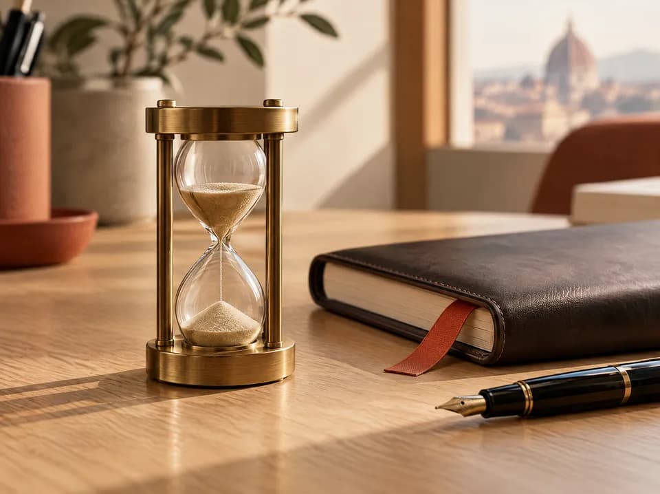 Clessidra di ottone quasi finita su una scrivania di legno chiaro, accanto a un'agenda rilegata con il segnalibro rosso e una penna stilografica; dalla finestra si vedono i tetti di una città.