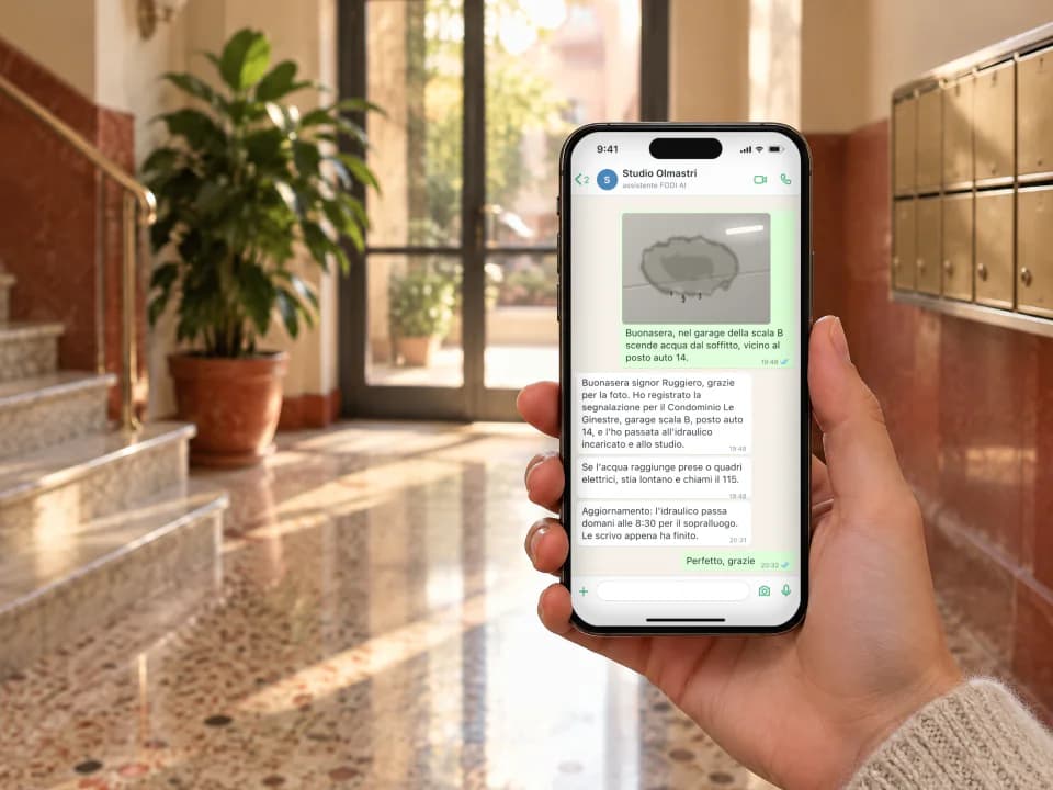 Mano che tiene uno smartphone aperto sulla chat con lo studio dell'amministratore, con la foto di un'infiltrazione e la risposta dell'assistente, nell'androne di un condominio con scala in marmo e cassette della posta.