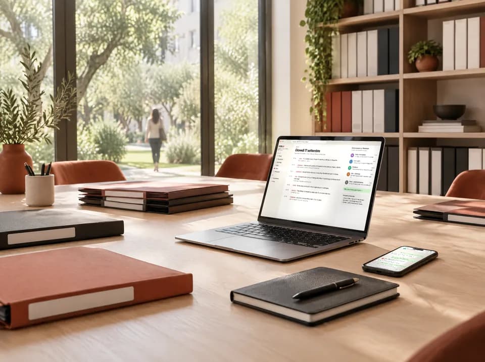 Tavolo di un ufficio luminoso con un portatile aperto su una schermata di FODI AI, raccoglitori, un'agenda e uno smartphone con una chat; sullo sfondo una libreria con i faldoni e una vetrata sul giardino.