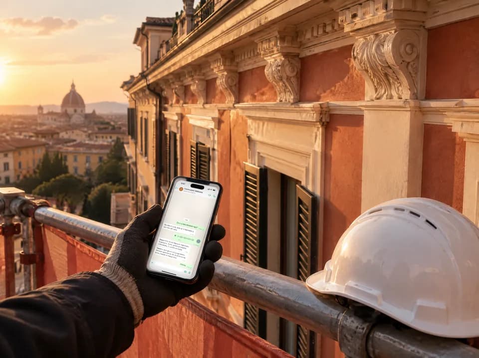 Mano con il guanto da lavoro che tiene uno smartphone aperto su una chat, su un ponteggio accanto a un casco bianco, davanti alla facciata di un palazzo storico al tramonto.
