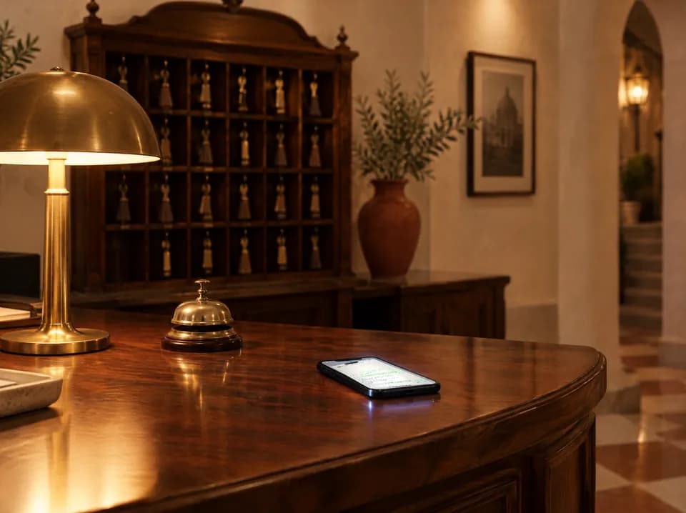 Banco della reception di un piccolo hotel con una lampada in ottone, il campanello e uno smartphone aperto su una chat; alle spalle il casellario delle chiavi.