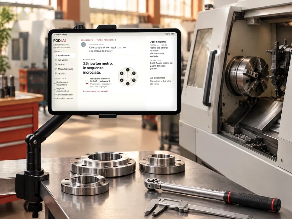 Tablet su un braccio snodato accanto a un tornio, aperto su FODI AI con la coppia di serraggio e l'istruzione di lavoro da cui viene; sul banco flange in acciaio, una chiave dinamometrica e un calibro.