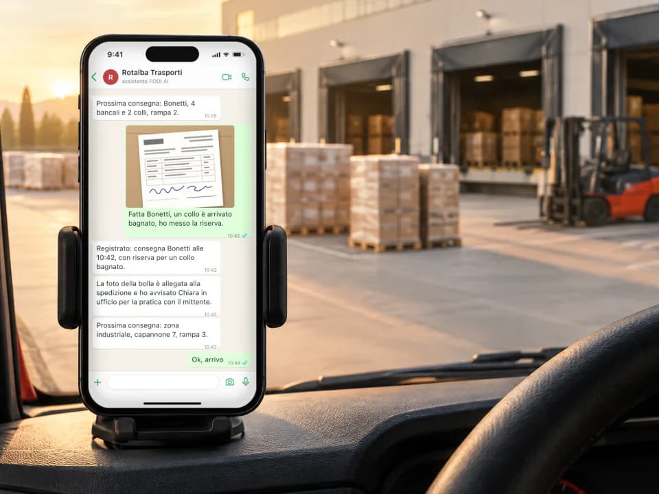 Smartphone su un supporto nella cabina di un camion, aperto sulla chat in cui l'autista manda la foto della bolla firmata; oltre il parabrezza le rampe di carico di un magazzino con bancali e un carrello elevatore.