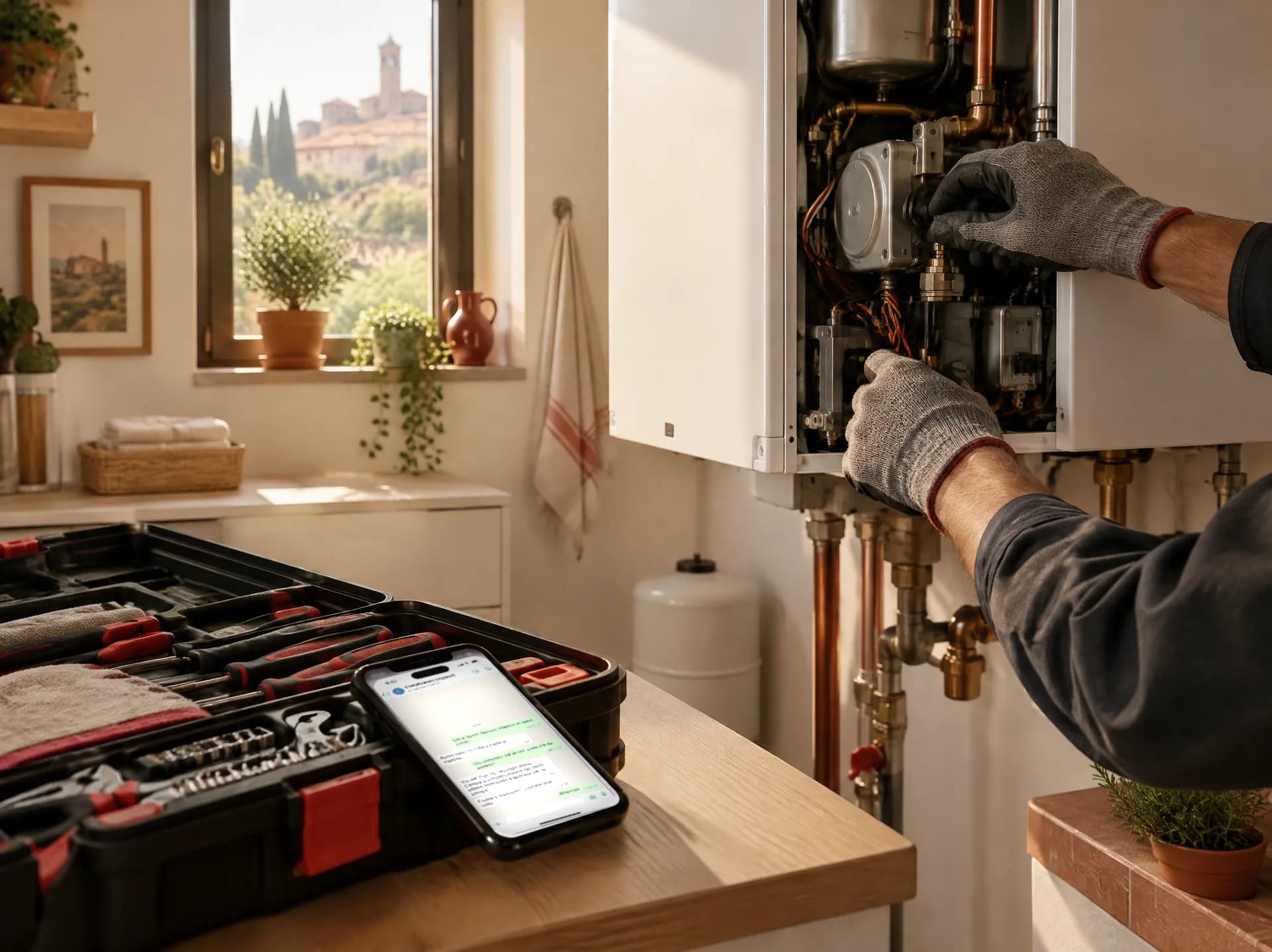 Tecnico con i guanti al lavoro su una caldaia aperta; sul piano accanto una cassetta degli attrezzi e uno smartphone aperto su una chat.