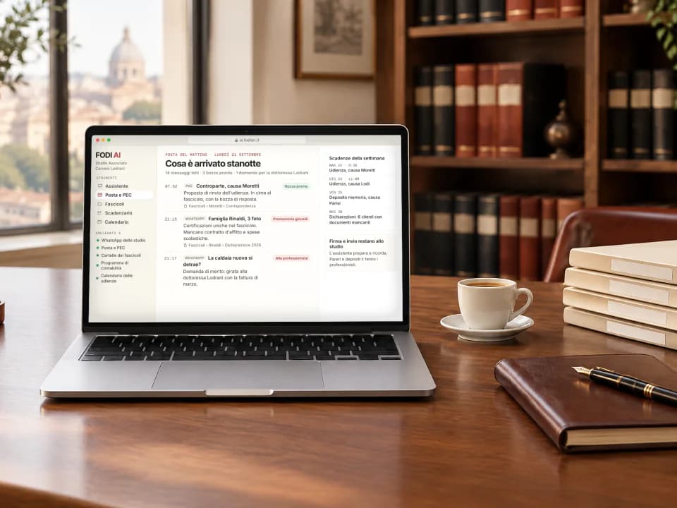 Portatile sulla scrivania di noce di uno studio professionale, aperto su FODI AI con la posta del mattino e le scadenze della settimana; accanto un caffè, un'agenda in pelle e dei faldoni, alle spalle una libreria.