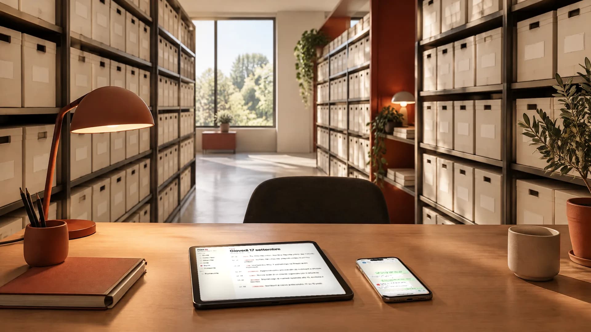 Archivio con scaffali pieni di scatole e, in primo piano, una scrivania con un tablet aperto sulla giornata in FODI AI, uno smartphone con una chat e una lampada da tavolo.