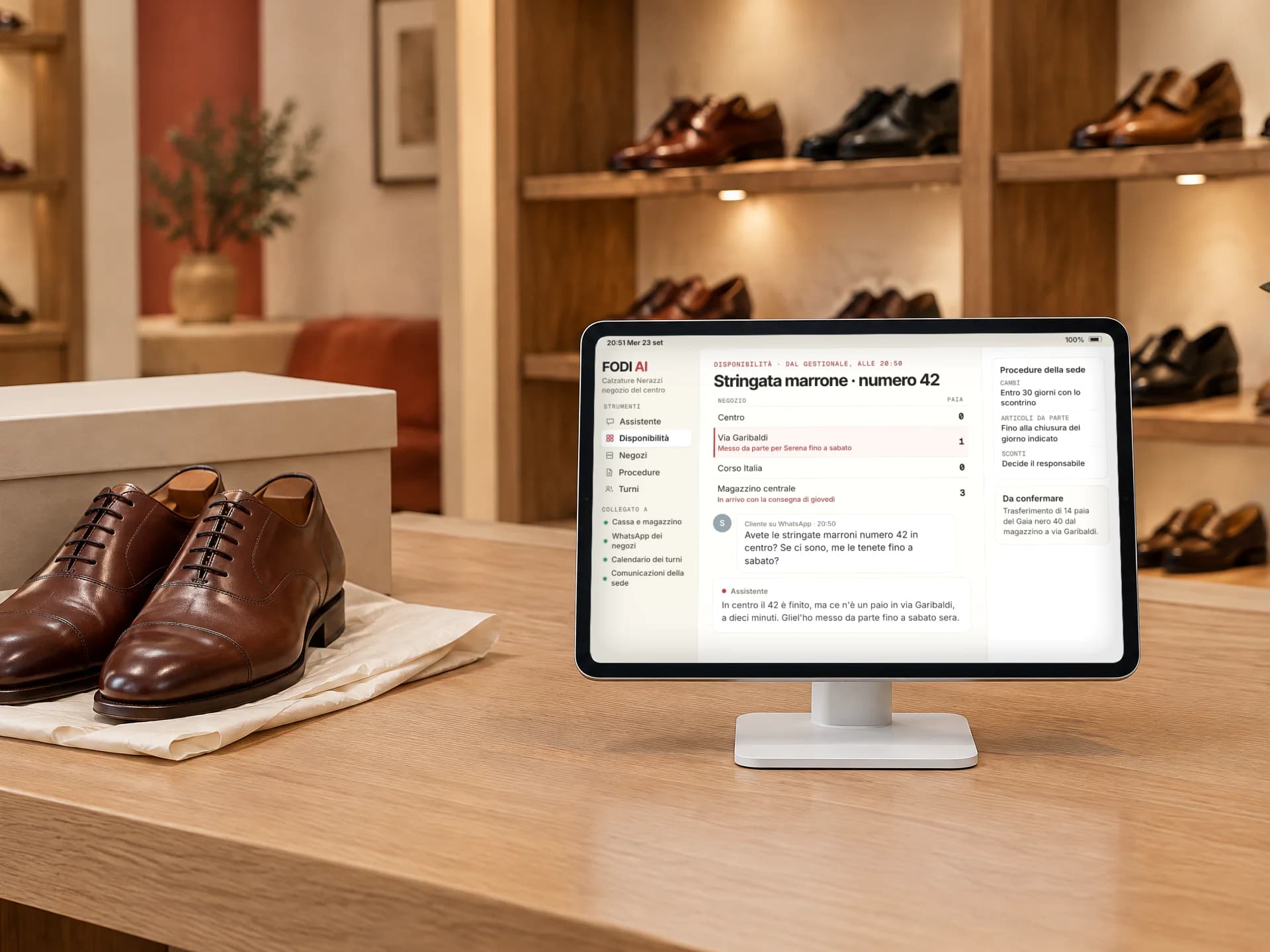 Tablet sul banco cassa di un negozio di calzature, aperto su FODI AI con la disponibilità di un modello nei vari negozi e la risposta a una cliente; accanto un paio di scarpe stringate, sullo sfondo gli scaffali con le scarpe.