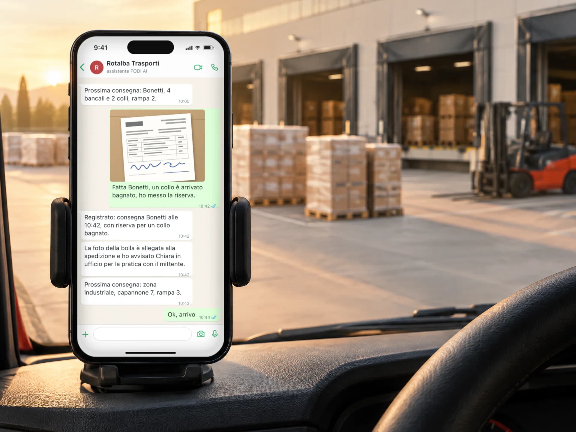 Smartphone su un supporto nella cabina di un camion, aperto sulla chat in cui l'autista manda la foto della bolla firmata; oltre il parabrezza le rampe di carico di un magazzino con bancali e un carrello elevatore.