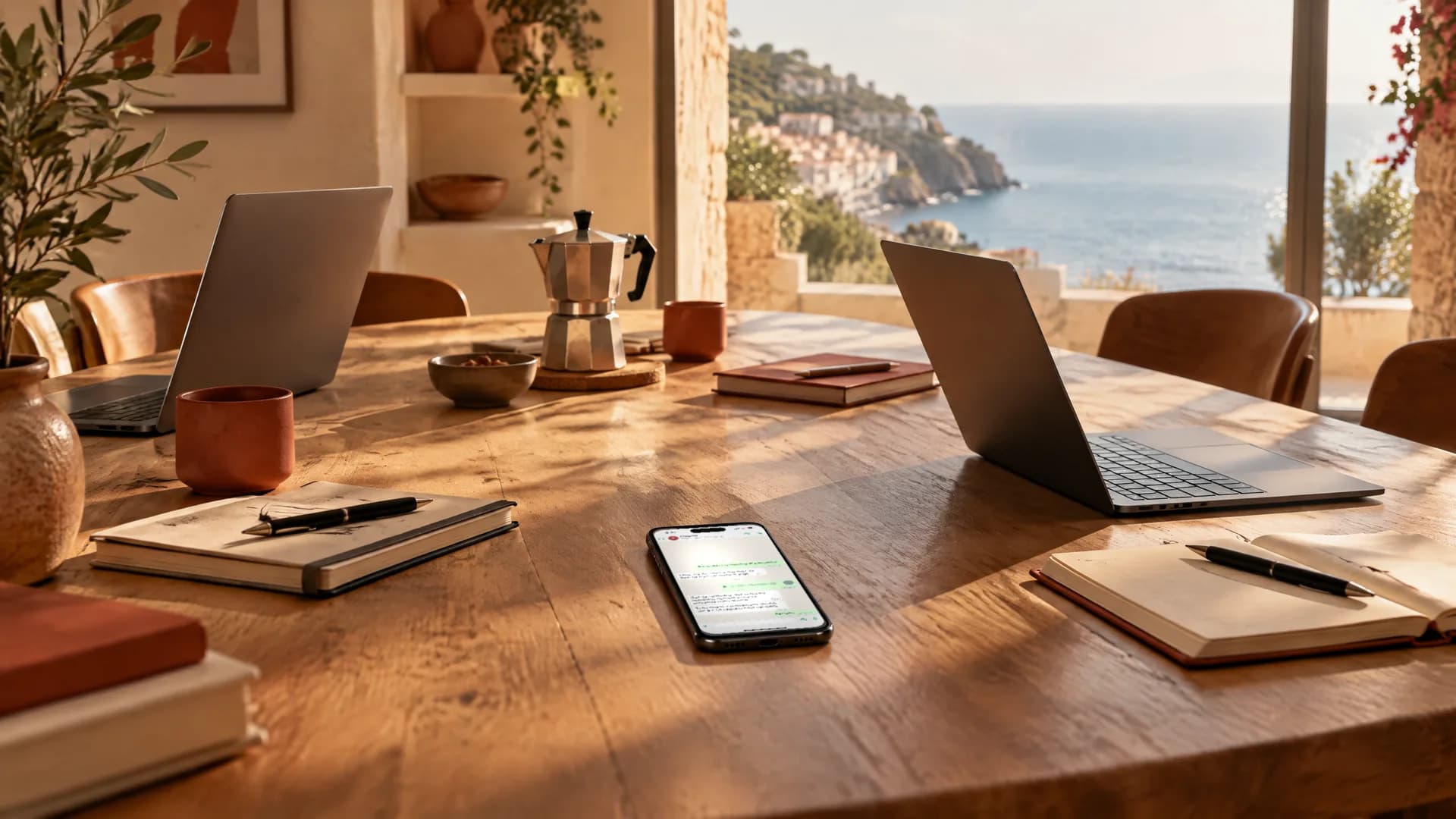 Tavolo di lavoro condiviso con due portatili, agende, una moka e uno smartphone aperto su una chat, davanti a una vetrata che dà sul mare.