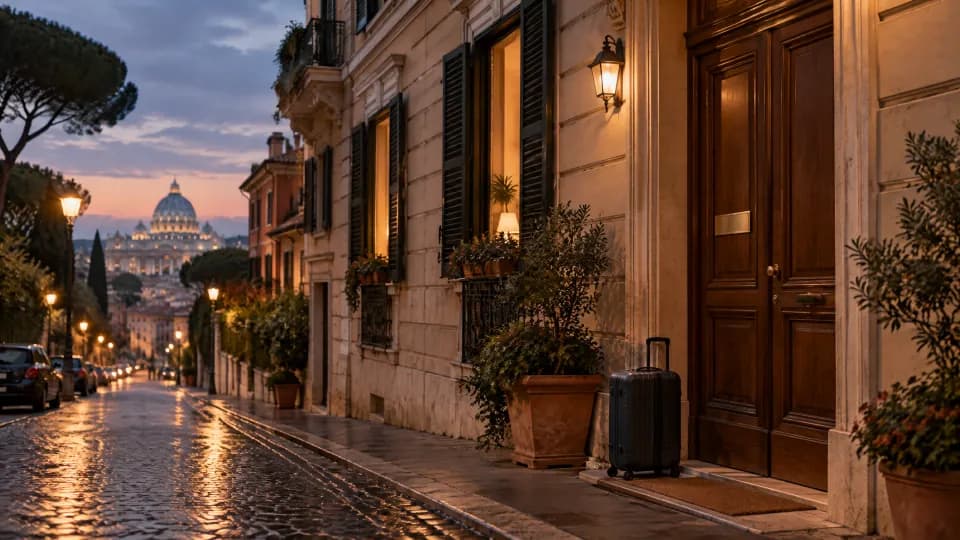 Via di Roma al tramonto con il portone di un palazzo, una valigia sul marciapiede e la cupola di San Pietro sullo sfondo.
