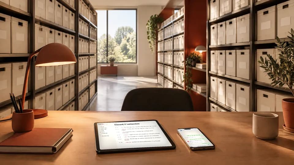 Archivio con scaffali pieni di scatole e, in primo piano, una scrivania con un tablet aperto sulla giornata in FODI AI, uno smartphone con una chat e una lampada da tavolo.